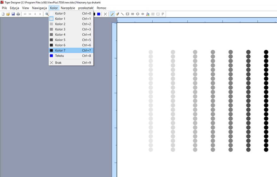 Zrzut ekranu z programu Tiger Designer - opcja Kolor w każdym numerze koloru od 0 do 7.