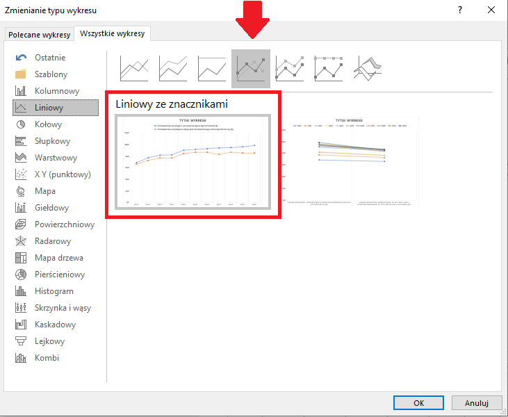 Zrzut ekranu z programu MS Excel - wybór rodzaju wykresu