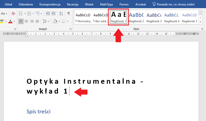 Zrzut ekranu z programu MS Word - ustawianie stylu nagłówka