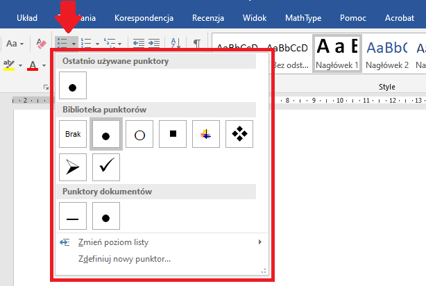 Zrzut ekranu z programu MS Word - rozwinięte okienko listy nieuporządkowanej