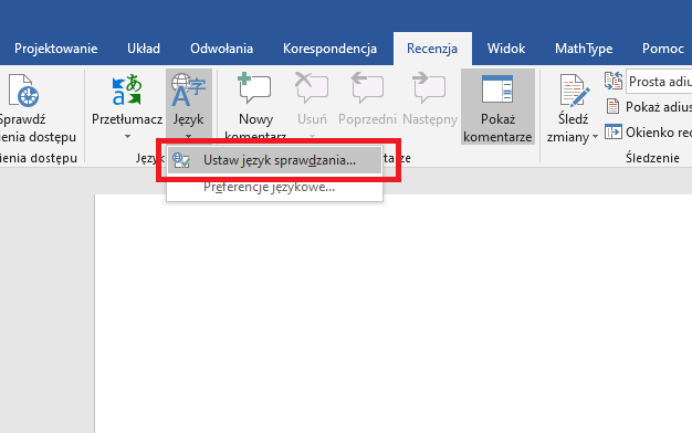 Zrzut ekranu z programu MS Word - definiowanie języka tekstu