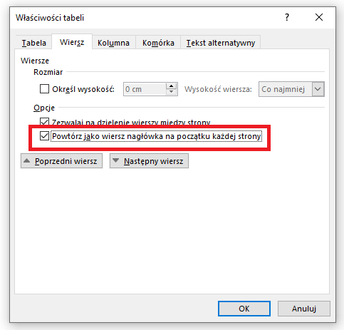 Zrzut ekranu z programu MS Word - zaznaczanie opcji Powtórz jako wiersz nagłówka na początku każdej strony