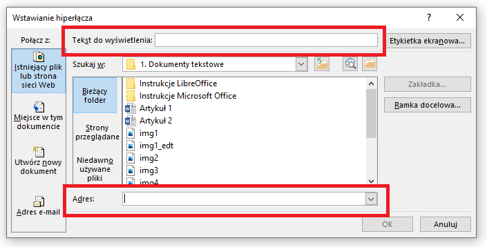 Zrzut ekranu z programu MS Word - wstawianie hiperłącza