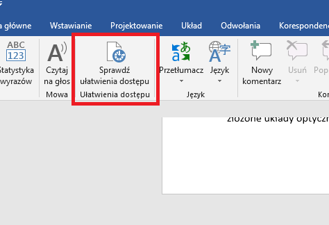 Zrzut ekranu z programu MS Word - narzędzie do sprawdzania dostępności