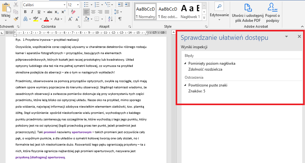 Zrzut ekranu z programu MS Word - wynik sprawdzenia dostępności z wykrytymi błędami i ostrzeżeniami