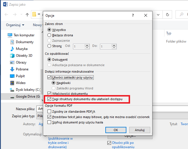 Zrzut ekranu z programu MS Word - zaznaczanie opcji: Tagi struktury dokumentu dla ułatwień dostępu