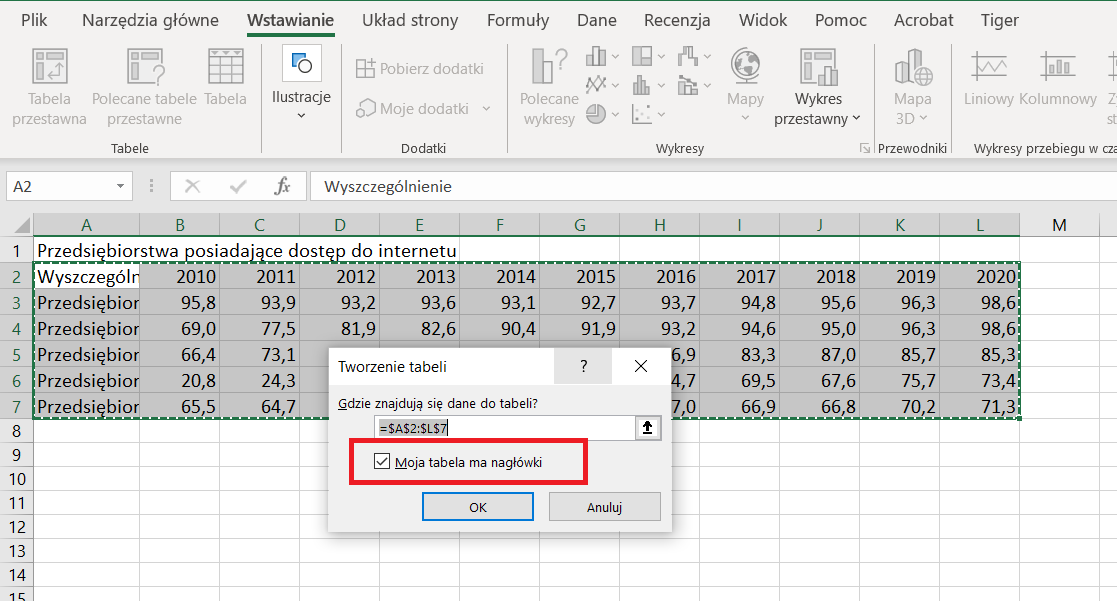 Zrzut ekranu z programu MS Excel - zaznaczenie opcji: Moja tabela ma nagłówki