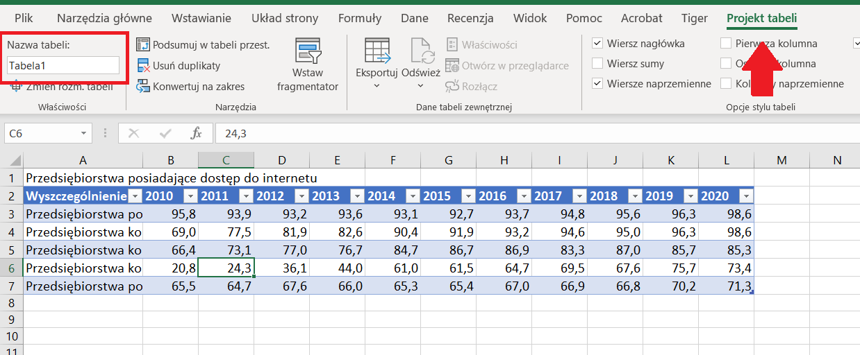 Zrzut ekranu z programu MS Excel - zmiana nazwy tabeli