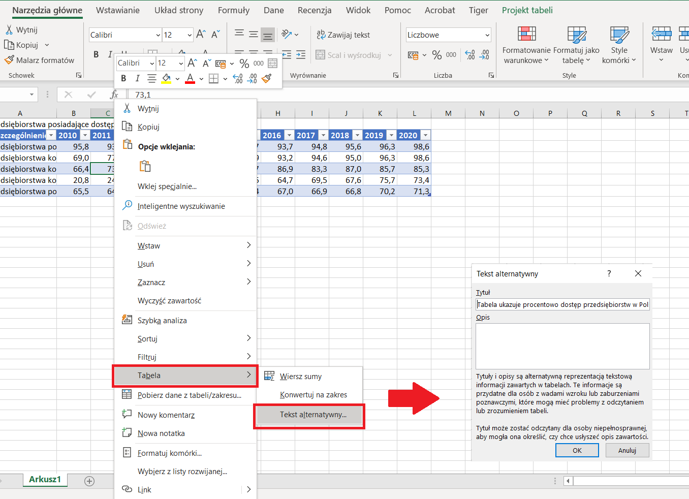 Zrzut ekranu z programu MS Excel - ścieżka prowadząca do wpisania tekstu alternatywnego tabeli.