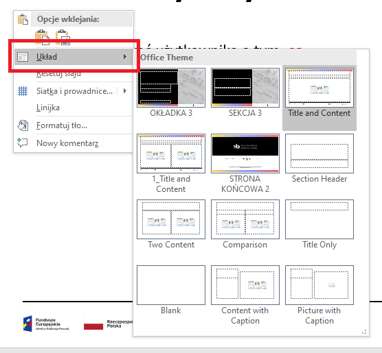 Zrzut ekranu z programu MS PowerPoint - wybór układu slajdu