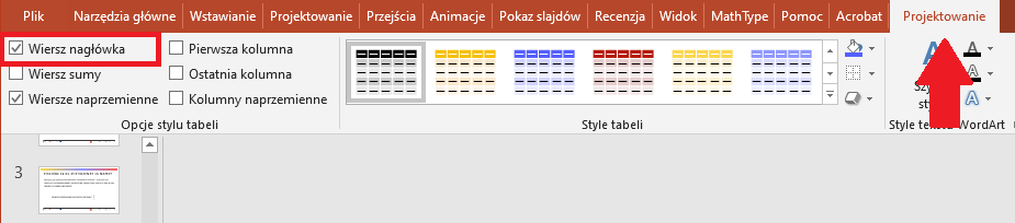 Zrzut ekranu z programu MS PowerPoint - zaznaczona opcja: wiersz nagłówka