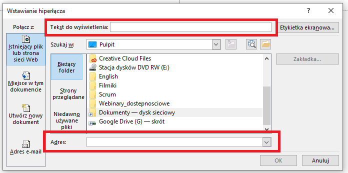 Zrzut ekranu z programu MS PowerPoint - okno wstawiania hiperłącza