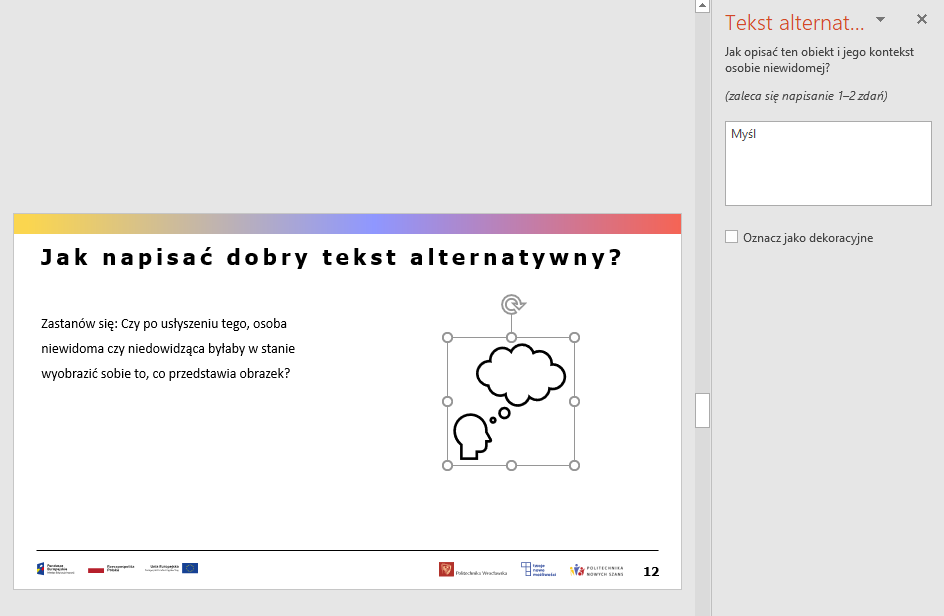 Zrzut ekranu z programu MS PowerPoint - opis alternatywny dla ikony.